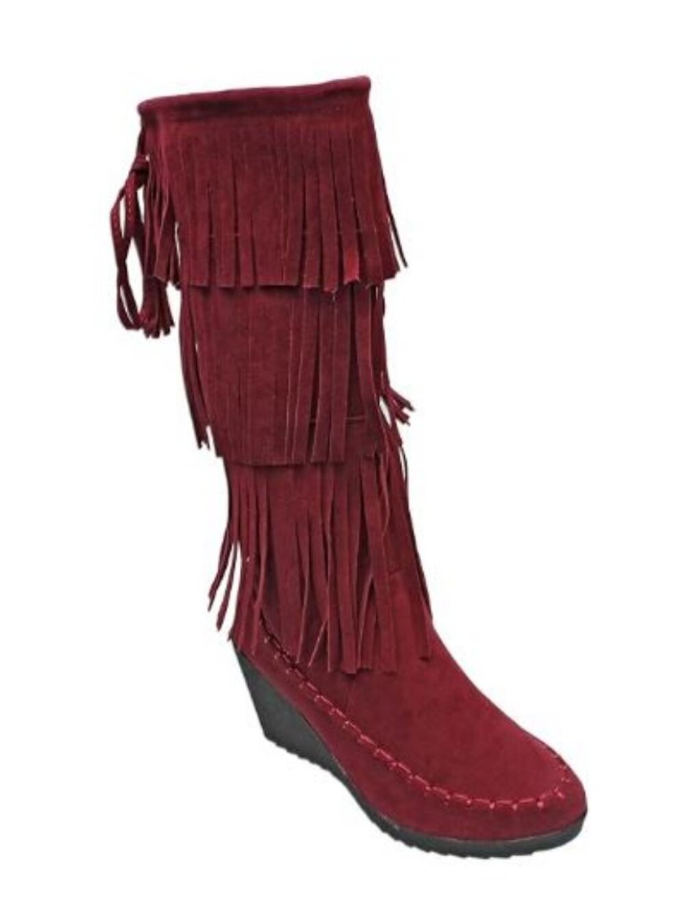 Fringe Tassel Boots Wedge Heel Burgundy Western Country Faux Suede Women 6 NEW